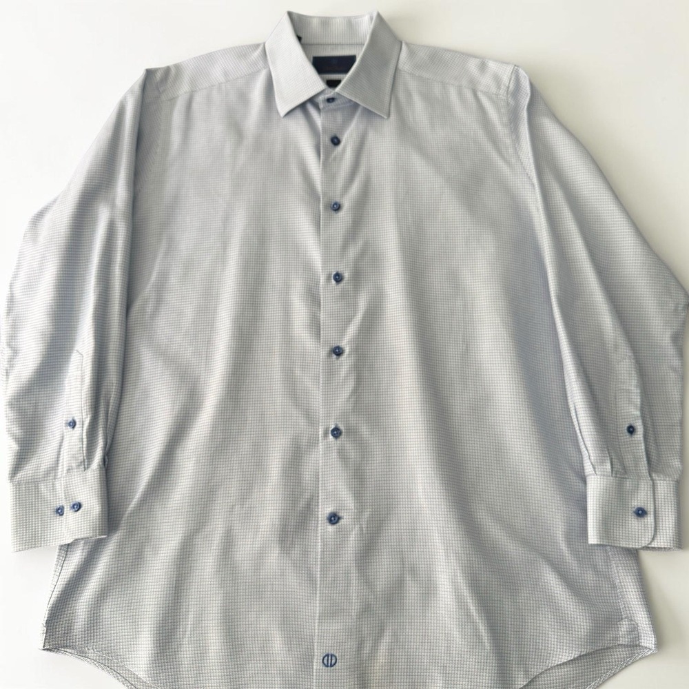 David Donahue Trim Dress Shirt Men XL 17 32/33 White Blue Micro Check Cotton